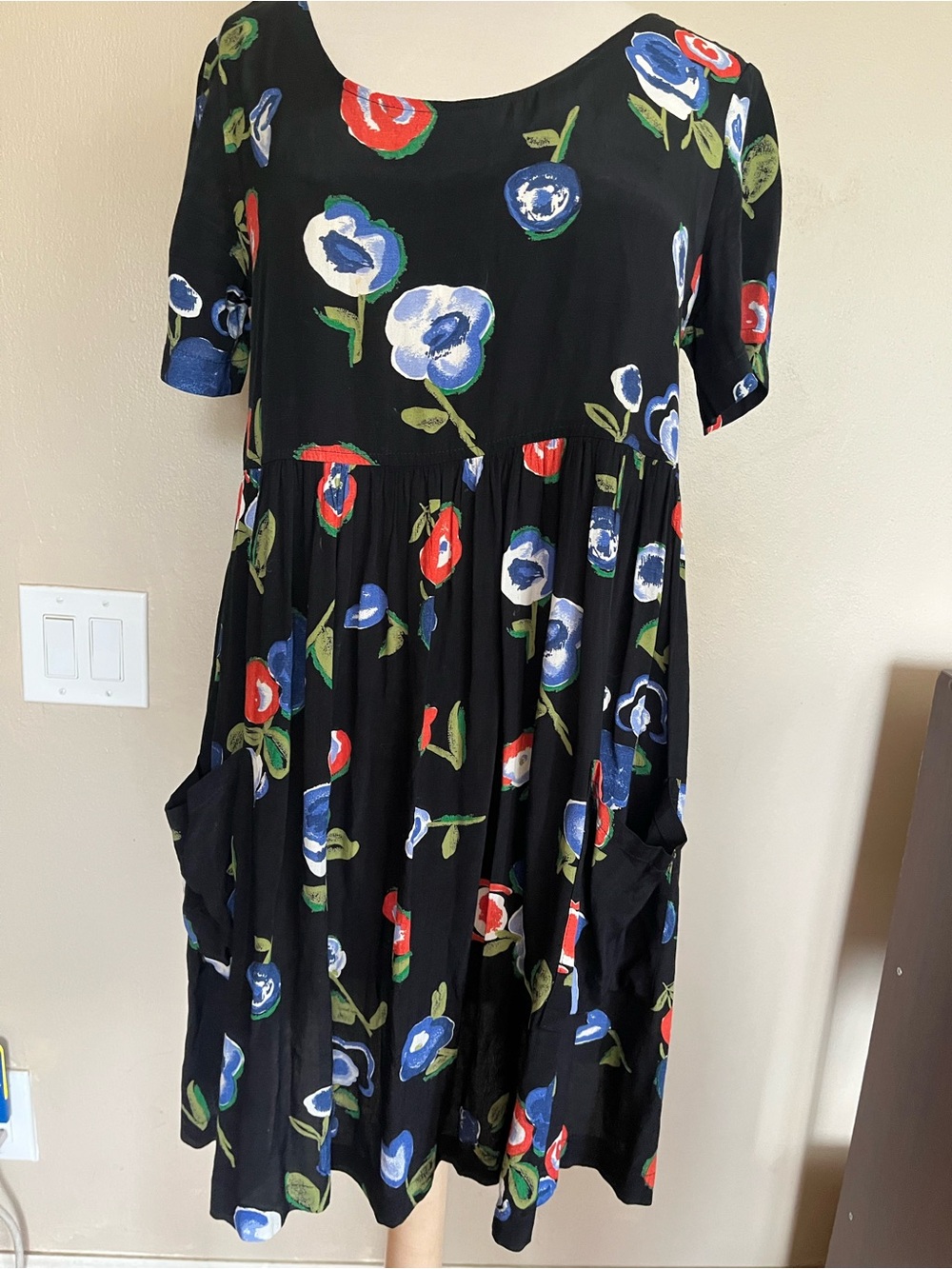 Coldwater Creek Black Floral Rayon Dress with Red & Blue Blooms